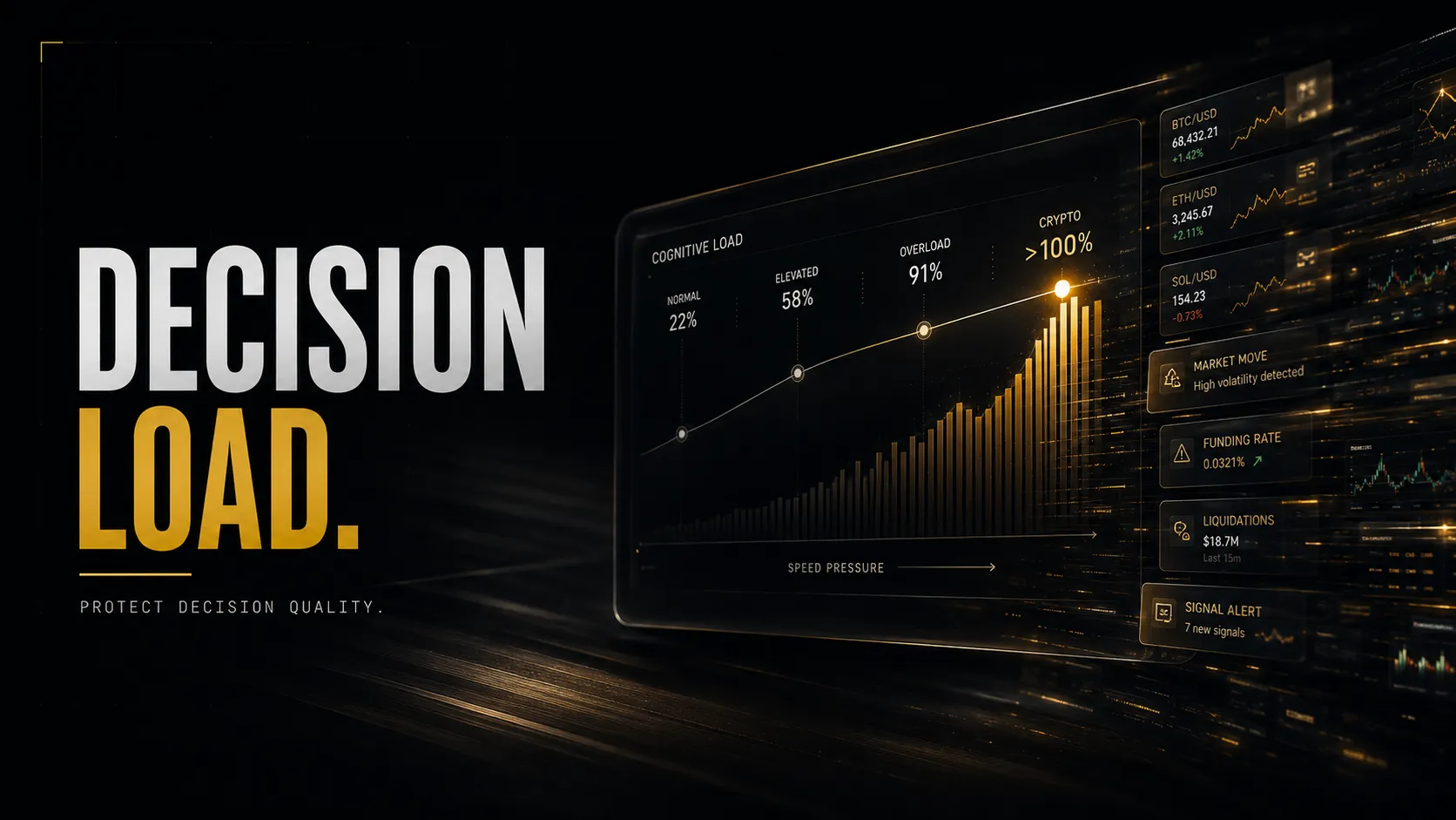 Cognitive load prediction markets guide showing three decision quality failure modes under speed pressure, how crypto market pace amplifies attention narrowing and temporal compression for Polymarket traders