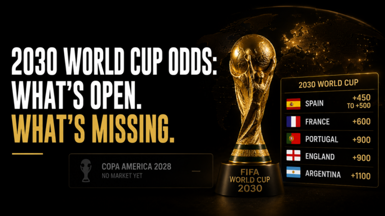 2030 World Cup odds board next to an empty stadium at dusk