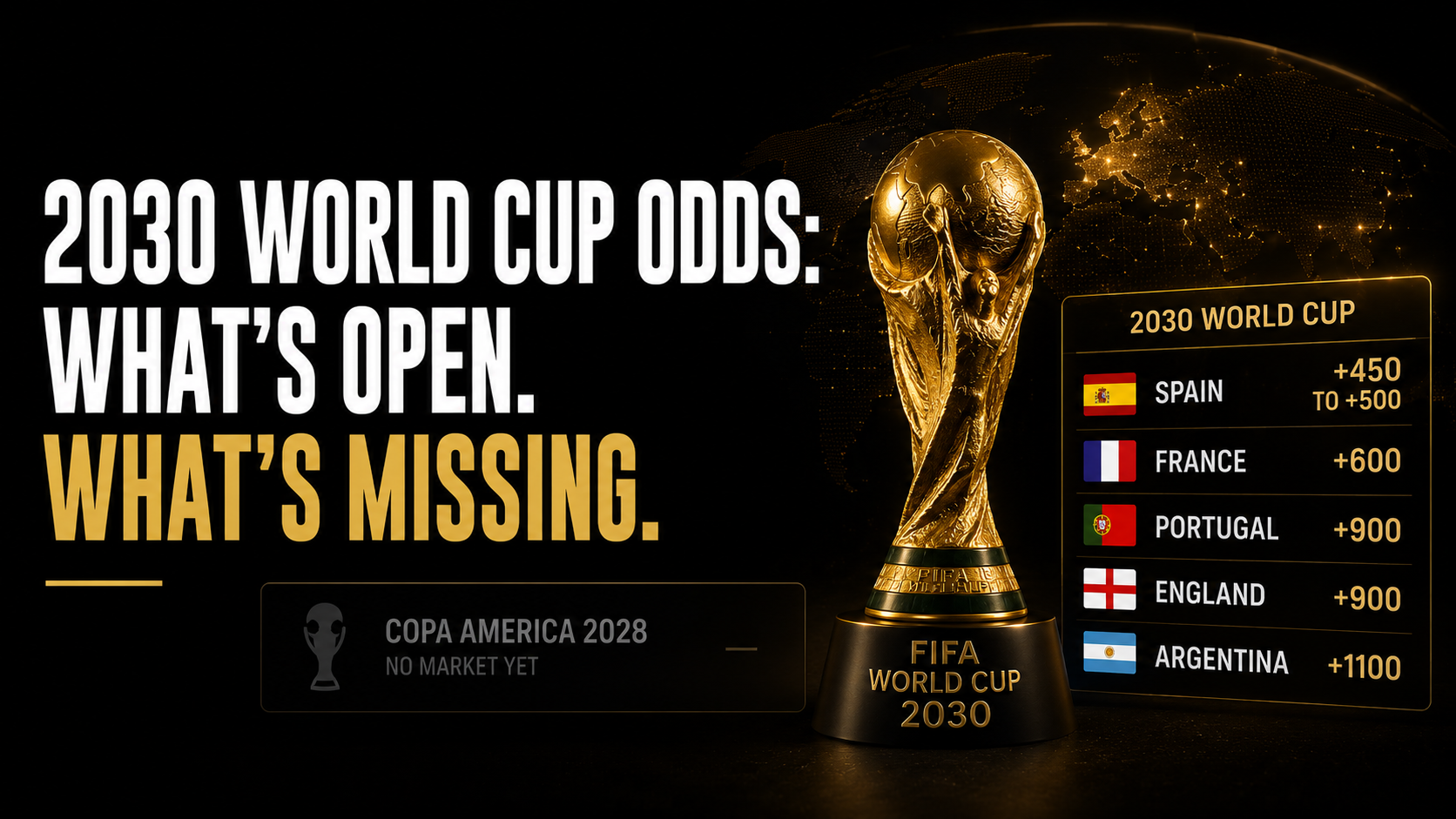 2030 World Cup odds board next to an empty stadium at dusk