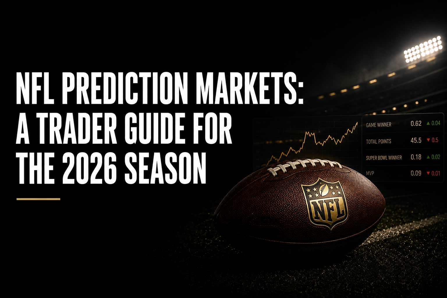NFL betting odds prediction markets guide showing Polymarket market types, injury signal workflow, and weather adjustment strategy for the 2026 NFL season