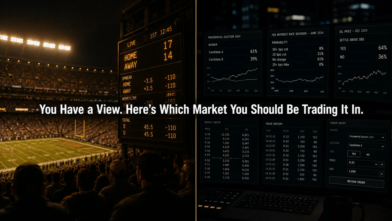 Sports betting vs prediction markets comparison guide showing how sportsbook vig and line movement differ from prediction market crowd pricing, where the two skill sets overlap, and which surface suits different trader types