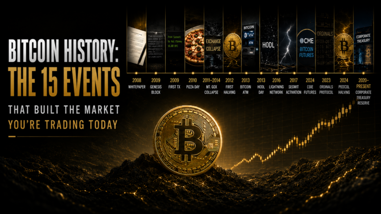 Bitcoin history events timeline from 2008 whitepaper through 2024 ETF approval showing 15 milestone events that shaped the asset and market structure traders operate in today