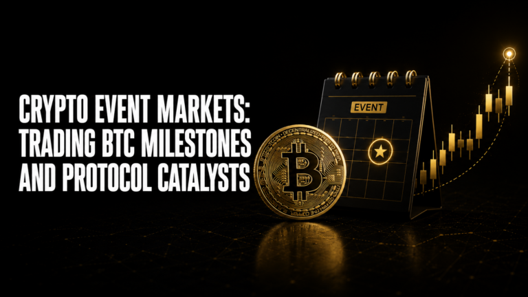 Crypto event prediction markets guide showing four categories BTC price milestone markets ETF regulatory decision markets protocol upgrade activation markets and macro correlation markets with edge source and research approach for each
