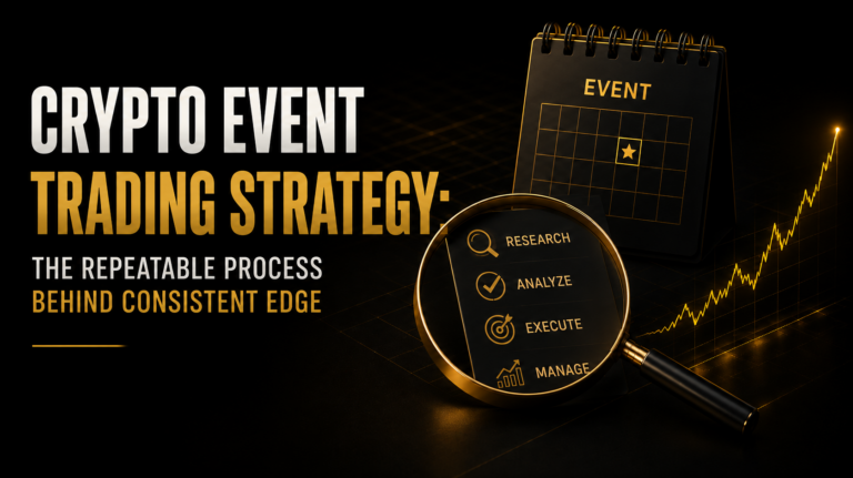 Crypto event trading strategy framework showing event identification before asset selection resolution criteria verification four-step pre-trade checklist and position sizing process