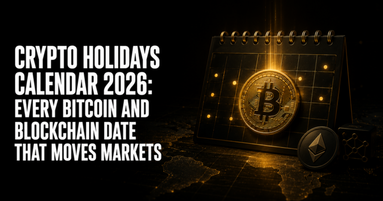 Crypto holidays calendar 2026 showing Bitcoin genesis block day January 3 Bitcoin Pizza Day May 22 Consensus Miami May and DevCon 8 November with trading relevance for each event and prediction market impact