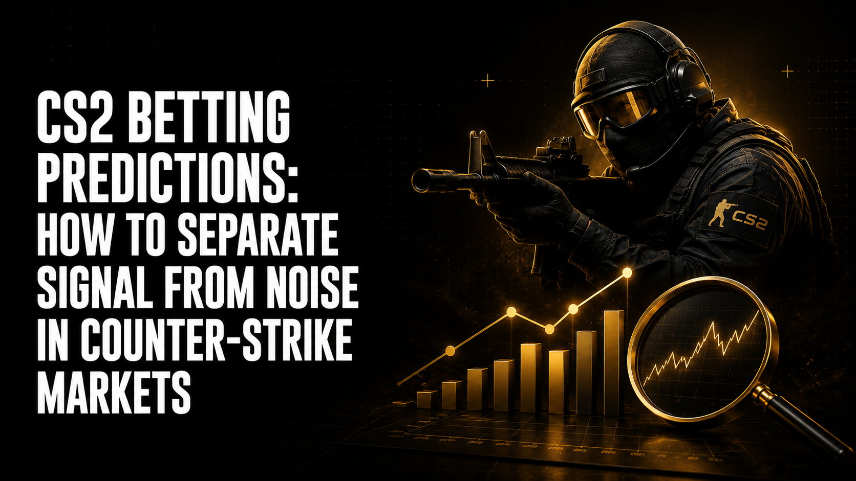 CS2 betting predictions signal versus noise guide showing four-tier signal hierarchy from Pinnacle no-vig reference to HLTV map stats to CLV wallet flow with noise sources including community polls and sentiment excluded