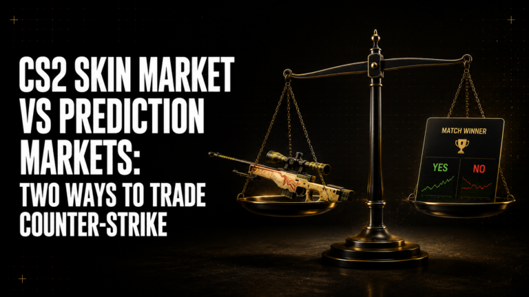 CS2 skin market vs prediction markets comparison showing Dragon Lore price decline from 2021 to 2025 alongside prediction market volume growth and structural differences in fee time horizon and edge demonstrability