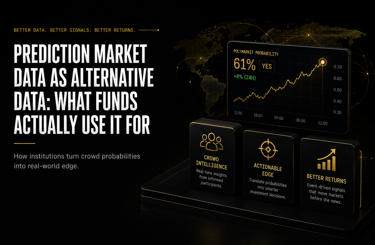 Prediction market data as institutional alternative data showing five quant fund use cases from event probability signals to cross-asset leading indicators