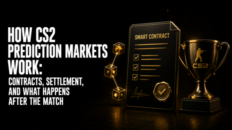 How CS2 prediction markets work guide showing Oracle settlement process five steps from match conclusion to USDC payout with 2-hour challenge window cancellation rules and typical 2-6 hour timeline