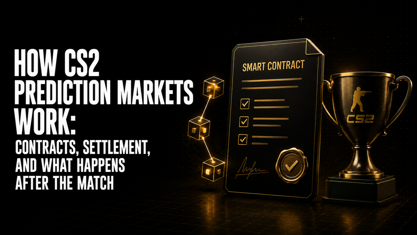 How CS2 prediction markets work guide showing Oracle settlement process five steps from match conclusion to USDC payout with 2-hour challenge window cancellation rules and typical 2-6 hour timeline