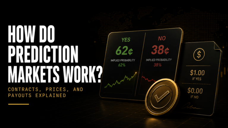How prediction markets work showing binary YES NO contract price moving from 37 cents to one dollar at resolution