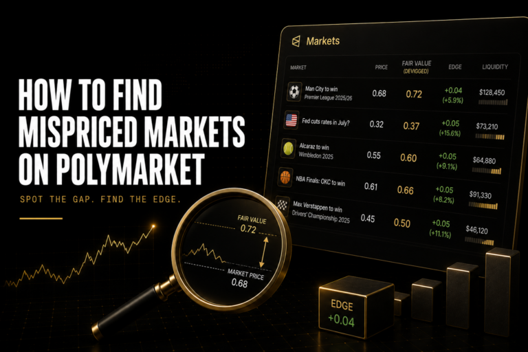 How to find mispriced markets on Polymarket showing Edge Finder EV gap ranked list five-step identification process minimum edge thresholds by market type and Intelligence pane convergence test