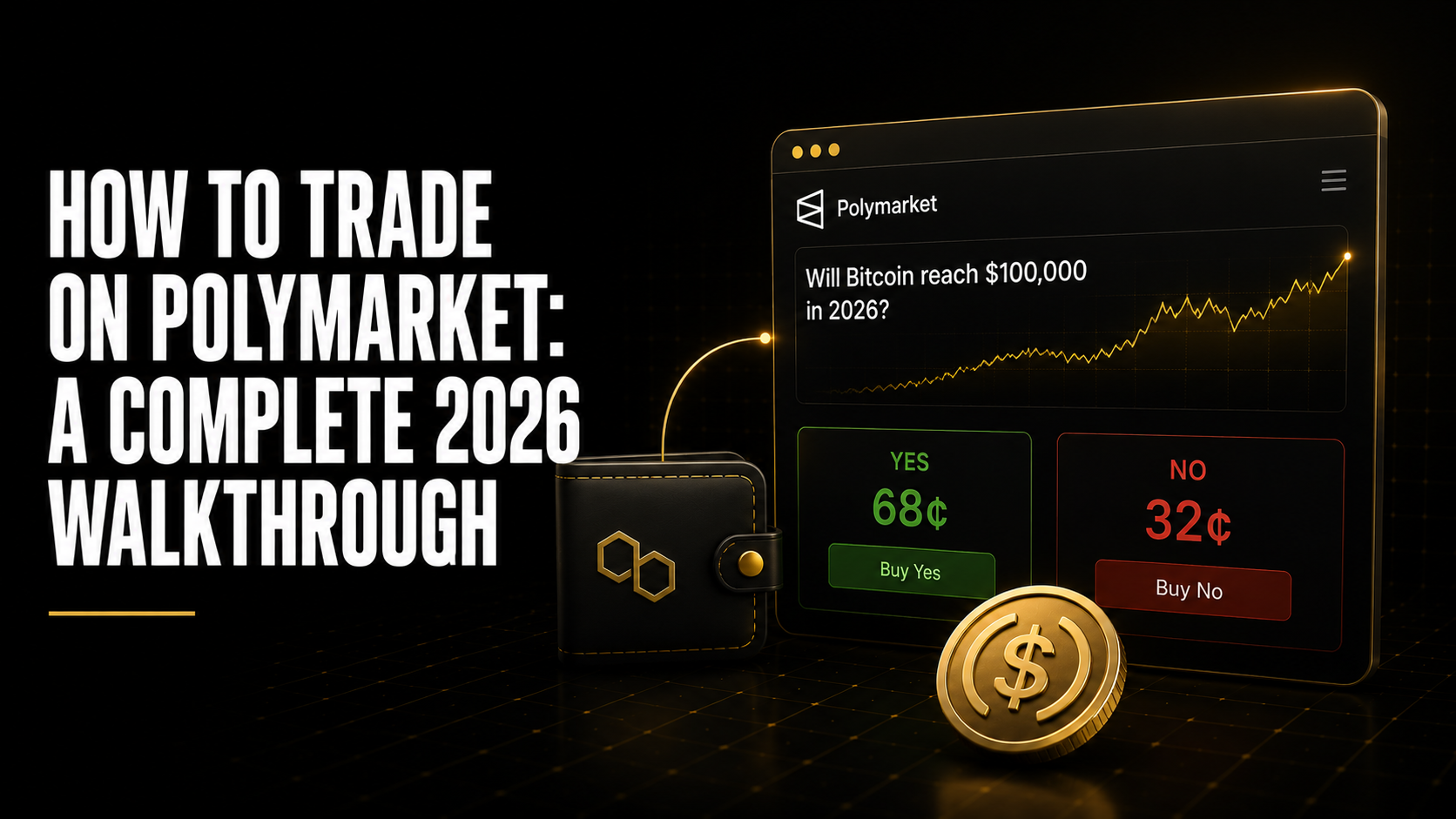 How to trade on Polymarket 2026 showing MetaMask wallet connect screen and first trade interface with USDC on Polygon