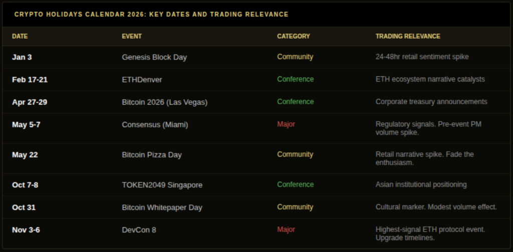 Crypto holidays calendar 2026 key dates table showing Genesis Block Day Bitcoin Pizza Day ETHDenver Consensus DevCon 8 and TOKEN2049 with event category and trading relevance for each