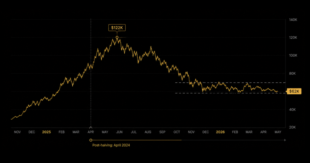 Bitcoin price chart showing 2025 all-time high at $122000 followed by mid-2026 consolidation phase between $60000 and $65000 with post-halving supply dynamics context