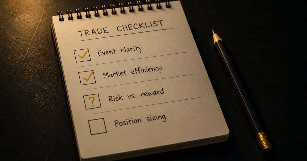 Crypto prediction market pre-trade checklist four questions resolution clarity volume confirmation 48-hour news check and position sizing against genuine edge