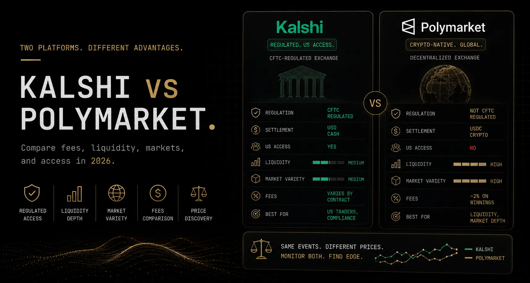 Kalshi vs Polymarket 2026 comparison showing fee structures, liquidity depth differences, US regulatory access advantage, cross-venue arbitrage mechanics, and how 3 to 8 cent gaps on same events create edge for multi-venue traders