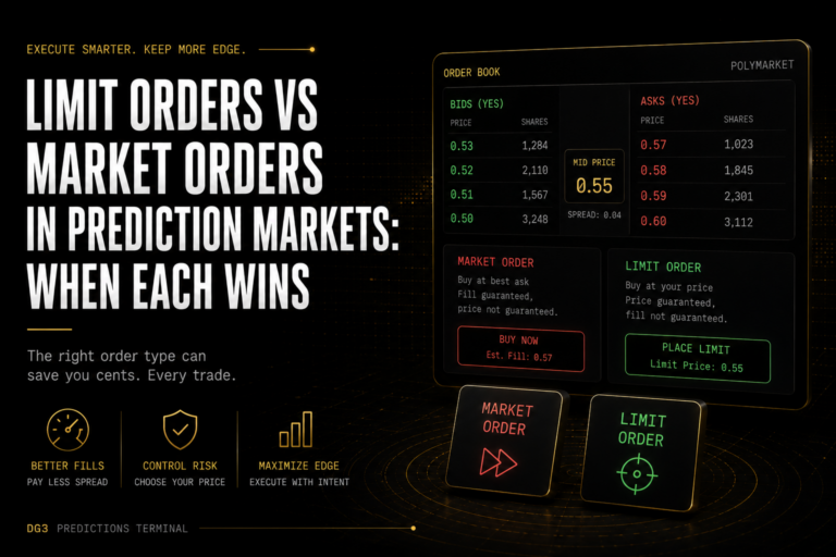 Limit orders vs market orders in prediction markets showing order book depth, slippage worked example, and 3-question decision framework for Polymarket traders