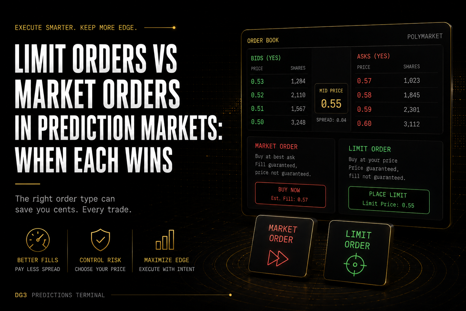 Limit orders vs market orders in prediction markets showing order book depth, slippage worked example, and 3-question decision framework for Polymarket traders