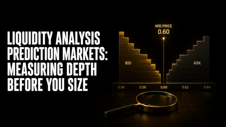 Liquidity analysis prediction markets guide showing order book depth matrix position sizing versus available depth decision table bid-ask spread thresholds from 1-2 cent tight to 8 cent wide and DG3 Book tab live order book workflow