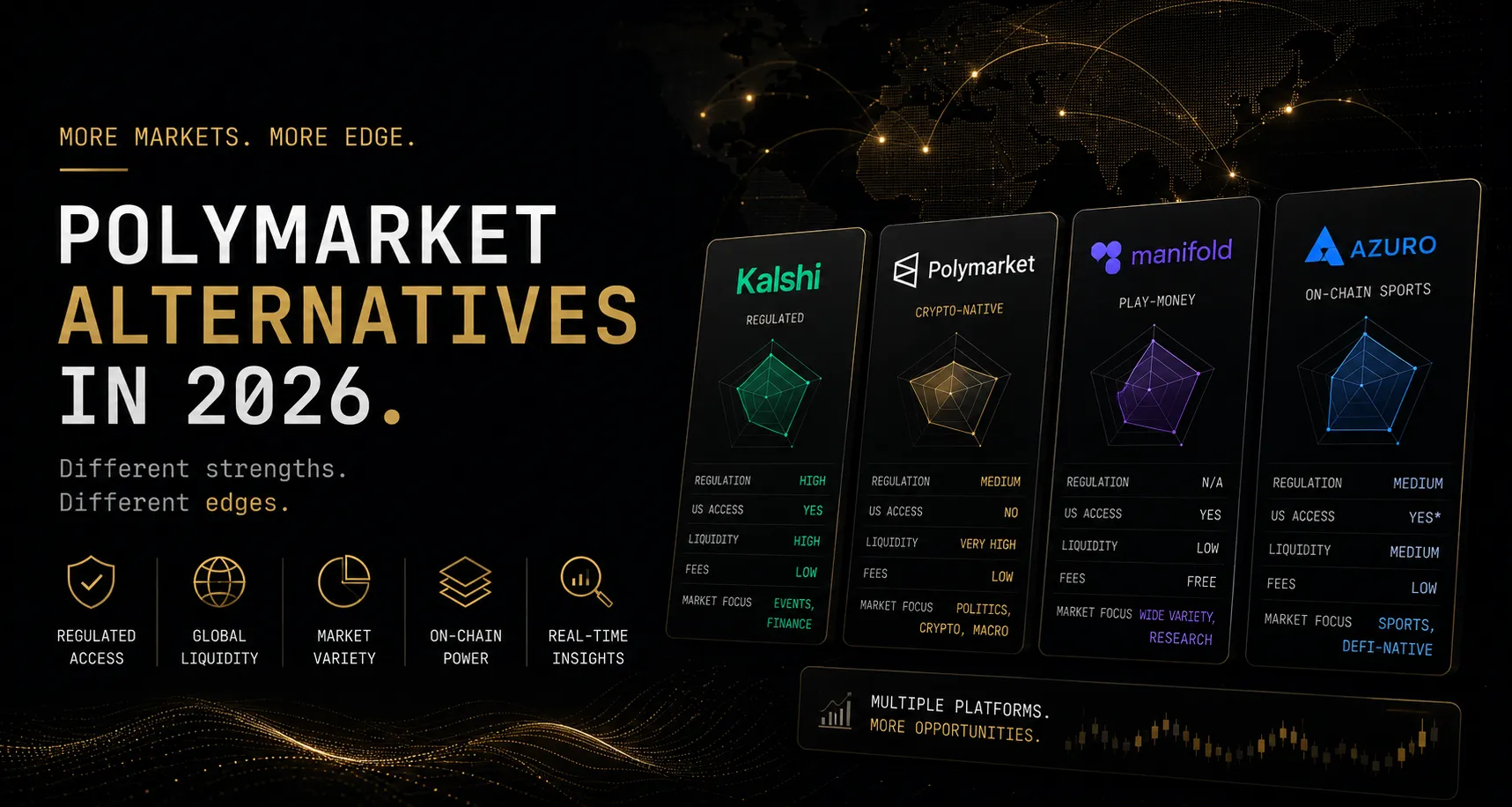Polymarket alternatives 2026 comparison guide covering Kalshi CFTC regulation, Manifold play-money research layer, Azuro on-chain sports coverage, and why serious traders use multiple venues for cross-venue arbitrage