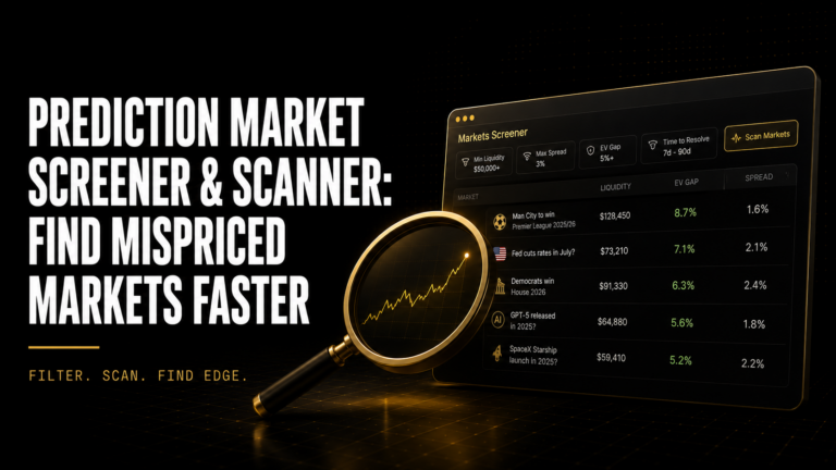 Prediction market screener dashboard showing ranked EV gap opportunities