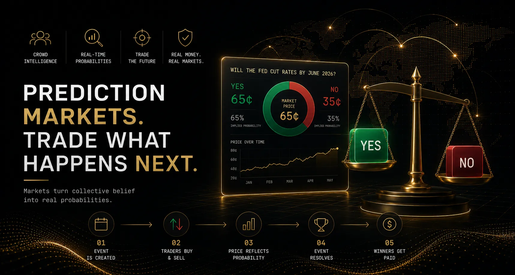 What is a prediction market complete guide showing how binary contracts price probabilities, implied probability explained, how prices move on new information, difference between prediction markets and sports betting, and how to start trading on Polymarket