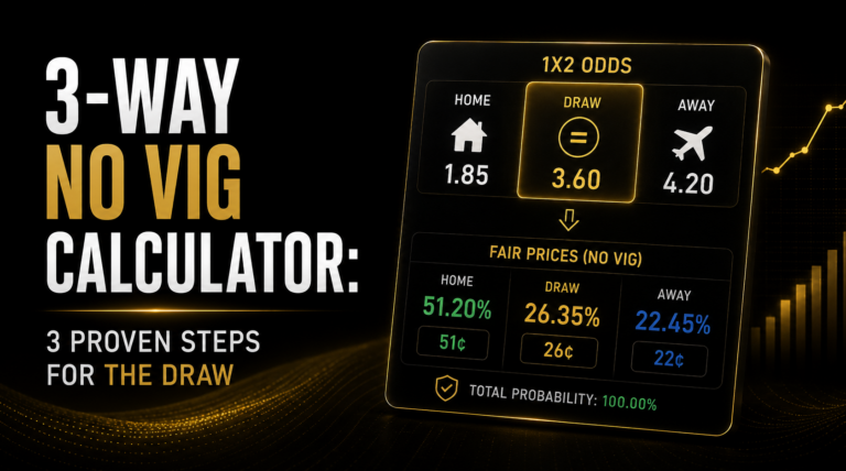 3-way no vig calculator output showing home draw and away fair prices for a football 1X2 line