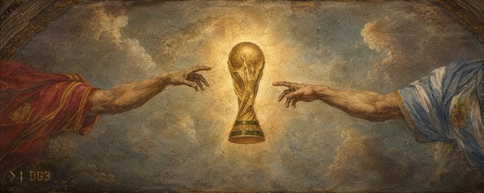 Two hands reaching toward a glowing FIFA World Cup trophy from opposite sides, one arm draped in red representing Spain and one in blue and white representing Argentina, painted in the style of a Renaissance fresco reminiscent of the Sistine Chapel ceiling, with DG3 branding in the lower left corner