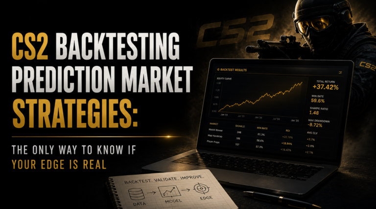 CS2 backtesting prediction market strategy showing historical Polymarket data HLTV lineup data and Liquipedia roster history assembled into a valid backtest with CLV as the output metric not profit and loss
