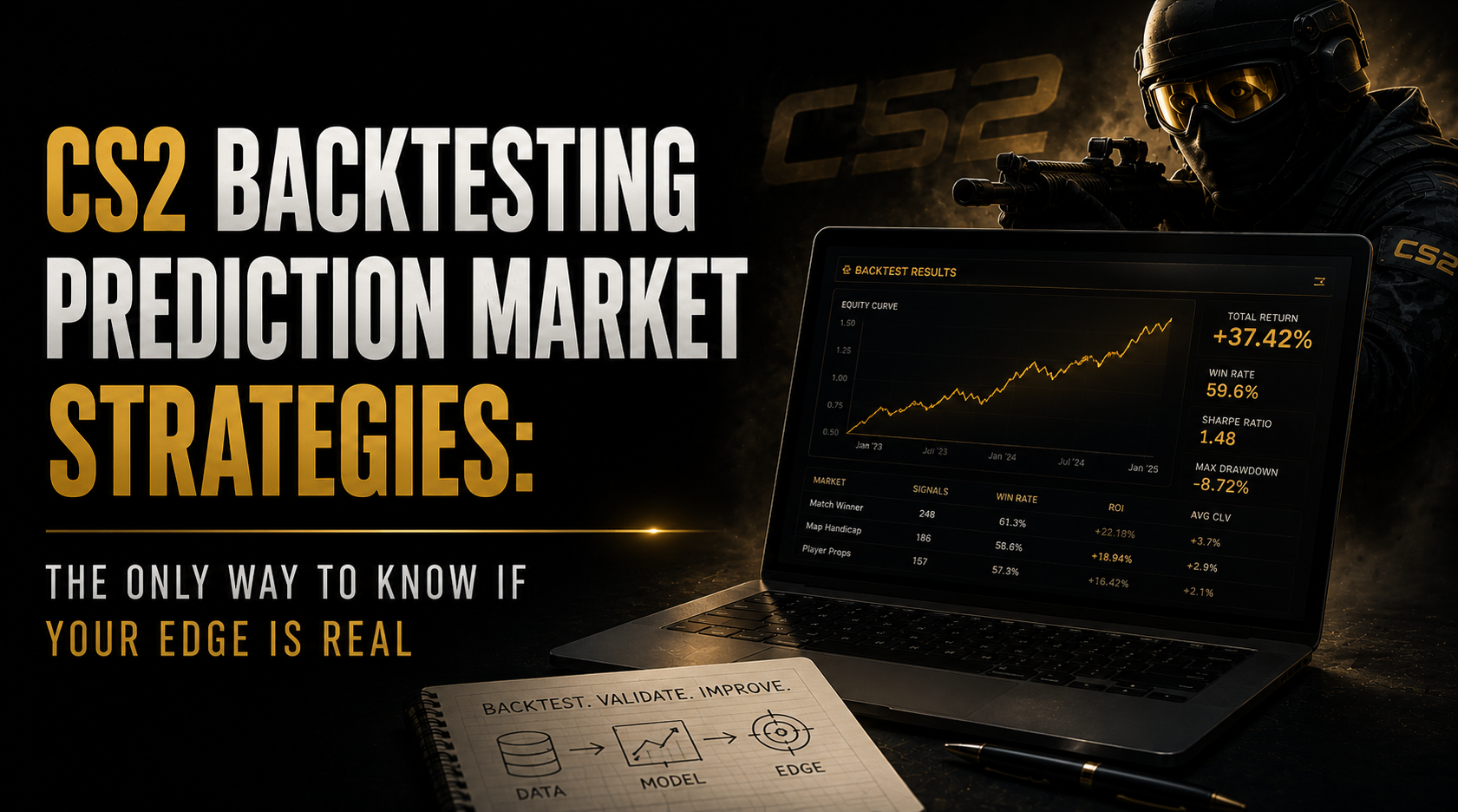 CS2 backtesting prediction market strategy showing historical Polymarket data HLTV lineup data and Liquipedia roster history assembled into a valid backtest with CLV as the output metric not profit and loss