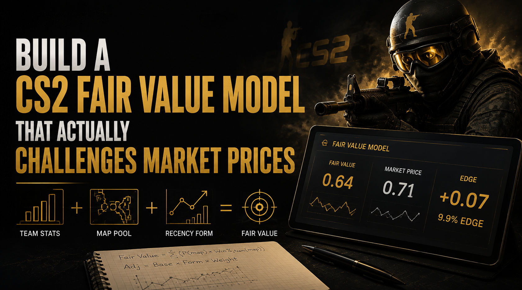CS2 fair value model showing three layers filtered HLTV base rate map pool adjustment and recency weighting producing an independent probability estimate before any Polymarket price is consulted