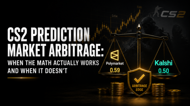 CS2 prediction market arbitrage diagram showing cross-platform devig calculation between Polymarket and Kalshi with combined cost above 1.00 indicating no true arb and minimum 4 cent devigged gap required for genuine post-fee arbitrage