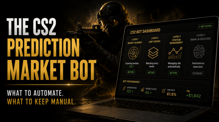 CS2 prediction market bot four-layer architecture showing market scanner layer 1 zero risk limit order placement layer 2 position management layer 3 and autonomous execution layer 4 with risk levels and build times for each layer