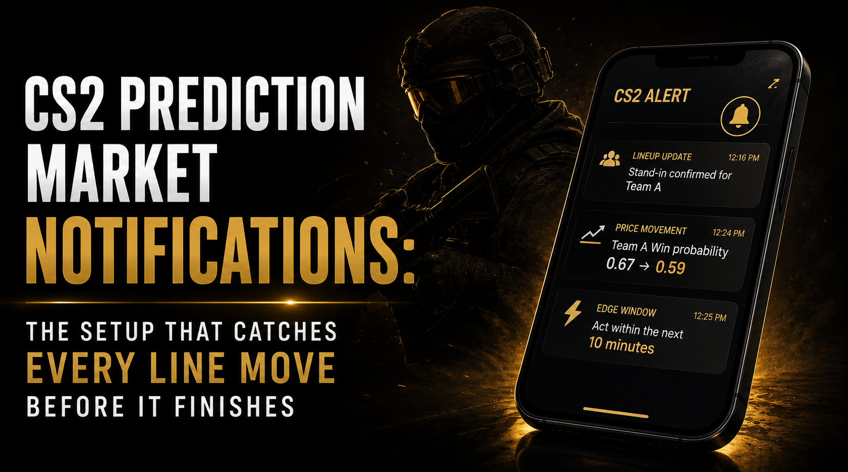 CS2 prediction market notifications timeline showing stand-in announcement at minute zero price beginning to move at minute 3 accelerating at minute 8 and edge window closing at minute 25 with entry quality zones marked