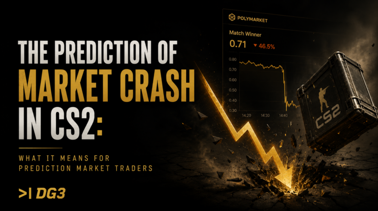 CS2 skin market crash prediction markets showing Valve economy announcements affecting skin prices only versus team disqualification events triggering prediction market repricing within 12 to 25 minutes