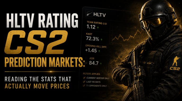 HLTV rating CS2 prediction market research showing three filters current roster last 90 days T1 opponents applied to player stats producing a team strength estimate that differs from the unfiltered headline rating most participants check
