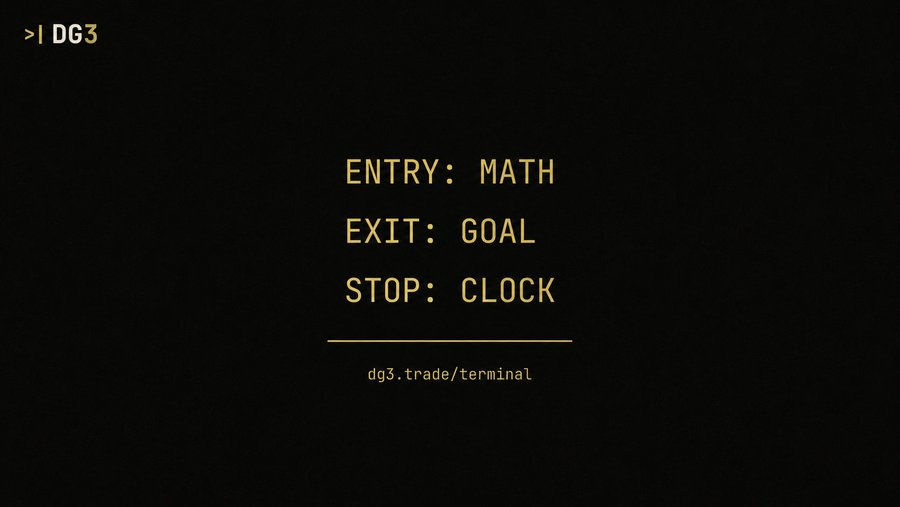 DG3 terminal summary slide showing the three rules of the 1-1 contract strategy: entry math exit goal stop clock with dg3.trade/terminal call to action