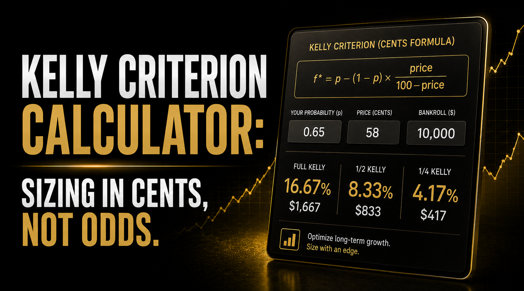Kelly criterion calculator worked example showing optimal stake sizing in cents